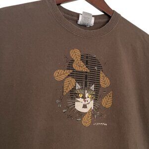 Liberty Graphics Cat Art T Shirt Medium M Olive Green Crewneck Top Maine